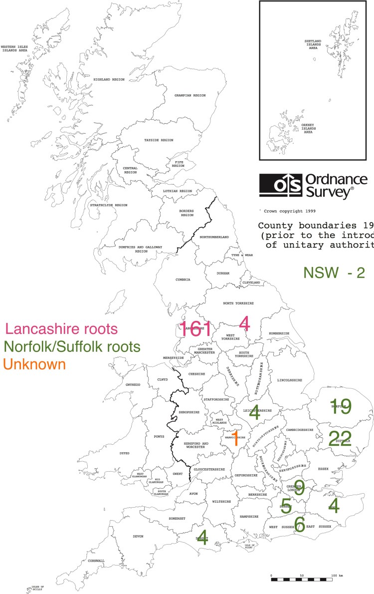 Birthplaces of Walnes in 1911 census